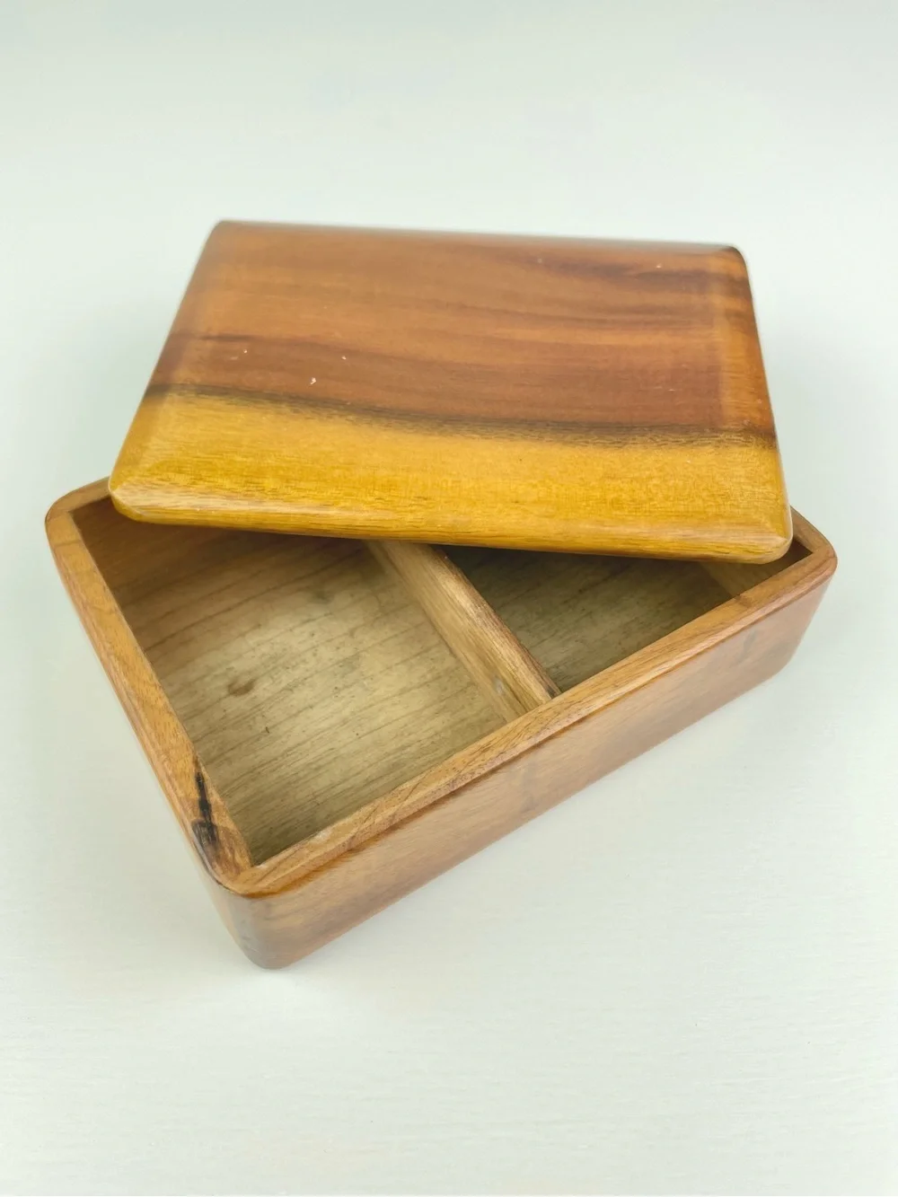 VTG 80s Artist Signed Myrtlewood Playing Card Box Brown Lidded Rectangular Split